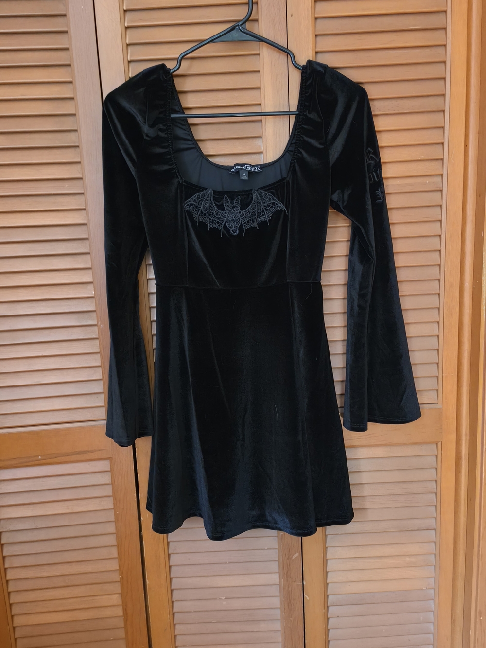 Dolls Kill Monsters Black Velvet Long-Sleeve Mini Dress with Bat Appliqué